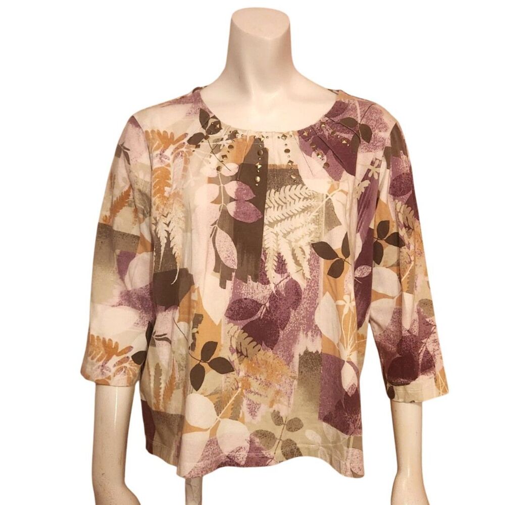 Alfred Dunner Long Sleeve Cream Purple Green Embelished Top Womens Size PL